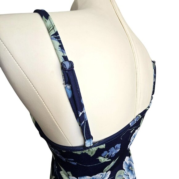 Navy Blue Floral Bodycon Midi Dress With Spaghetti Straps Size L 8/10 JJ3940 - Picture 8 of 9